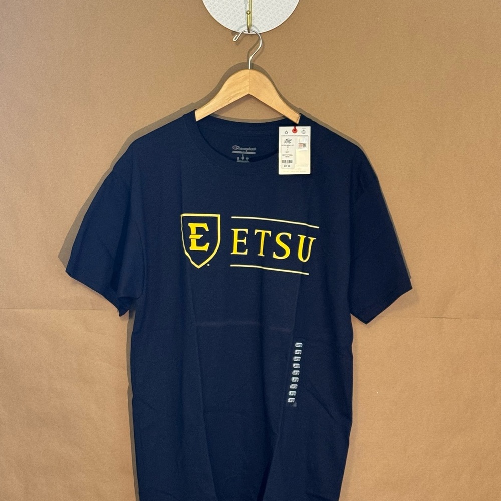 New Champion LARGE Unisex T-shirt Navy and Gold ETSU Lettering